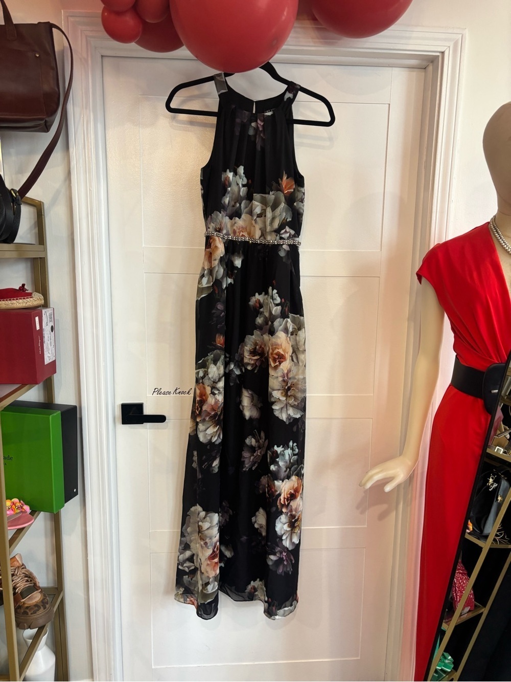 SLNY Black Floral Halter Maxi Dress with Beaded Waist